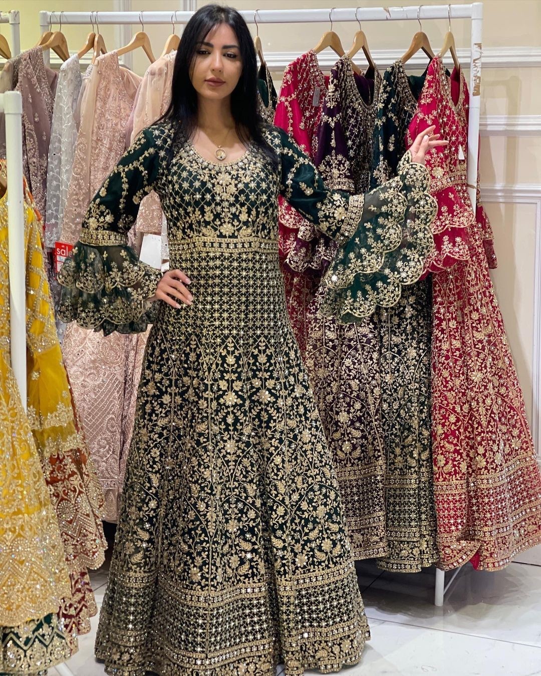 FAUX GEORGETTE WITH HEAVY EMBROIDERY WORK WITH DIAMONDS HAND WORK WITH FANCY RAFFLE SLEEVE (GREEN)