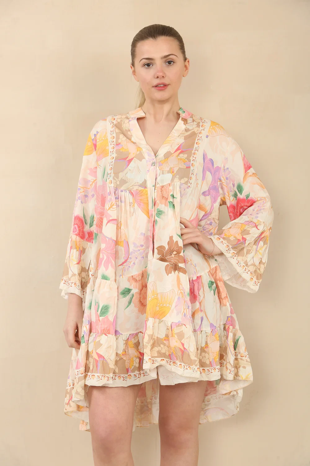 PRINTED BUTTON SMOCK DRESS