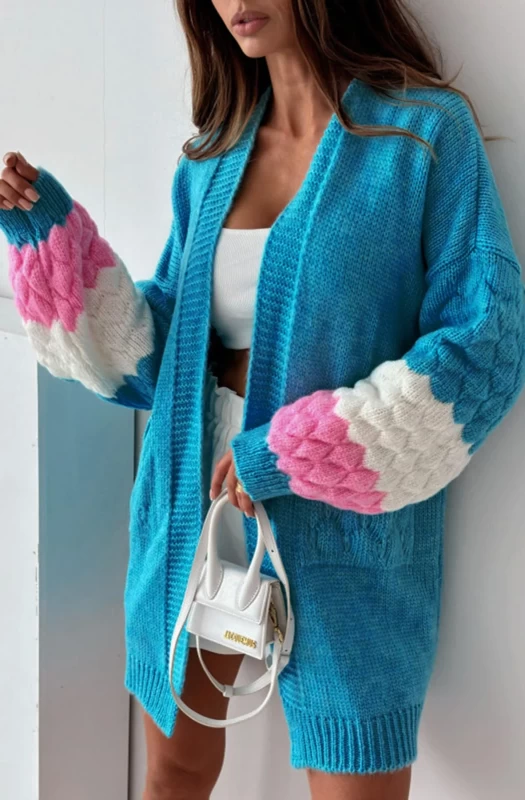 DEMI LONGLINE CONTRAST KNITTED CARDIGAN-BLUE