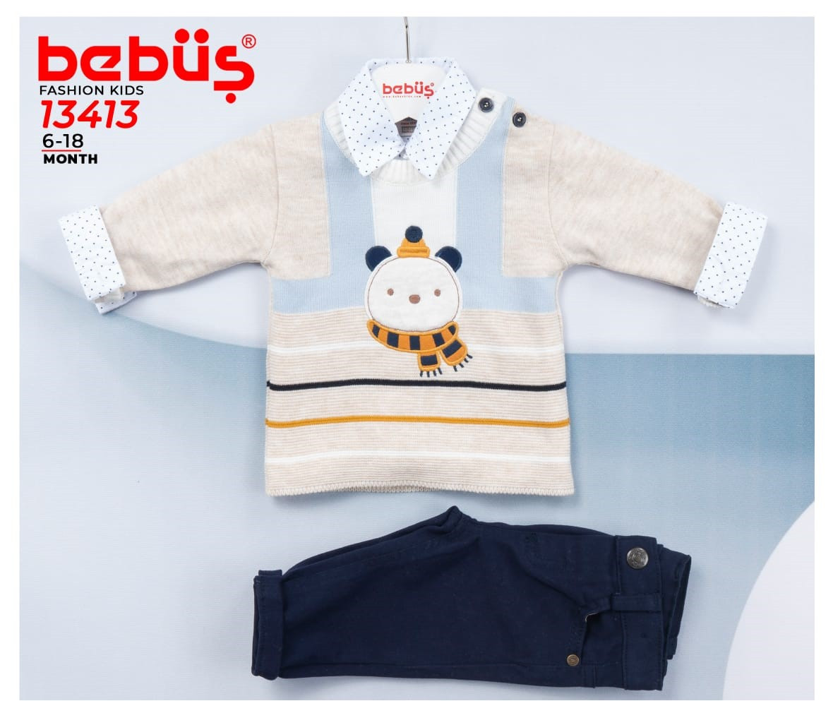 Baby Boys Three Piece Knitted Teddy Stripe Jumper & Chinos Set (6-18M)