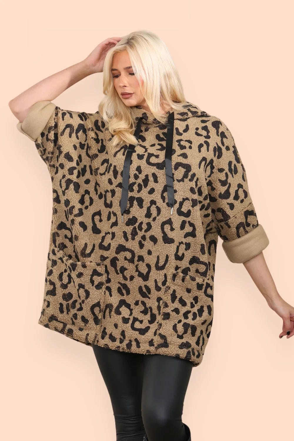 LEOPARD TEDDY POCKET HOODIE - CAMEL