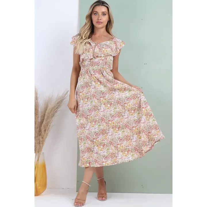 White Ditsy Floral Printed Asymmetric Strap Midi Dress