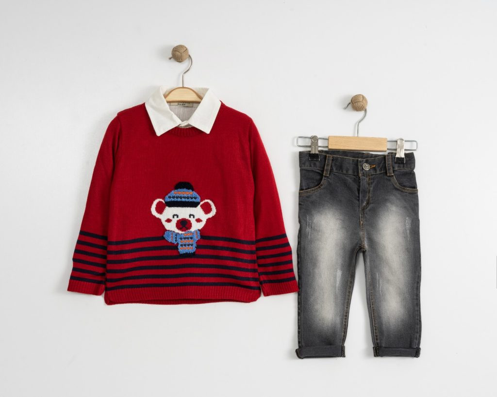 Boys Three Piece Knitted Teddy Stripe Jumper, Shirt & Jeans Set -