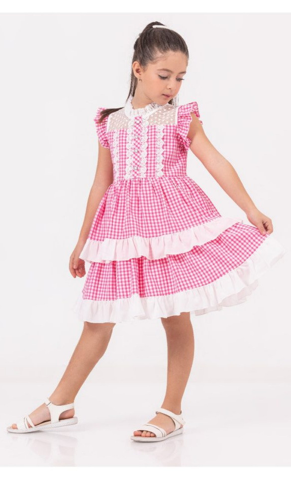 Girls Gingham Checked Layered Lace Trim Cotton Dress (2-9Y)