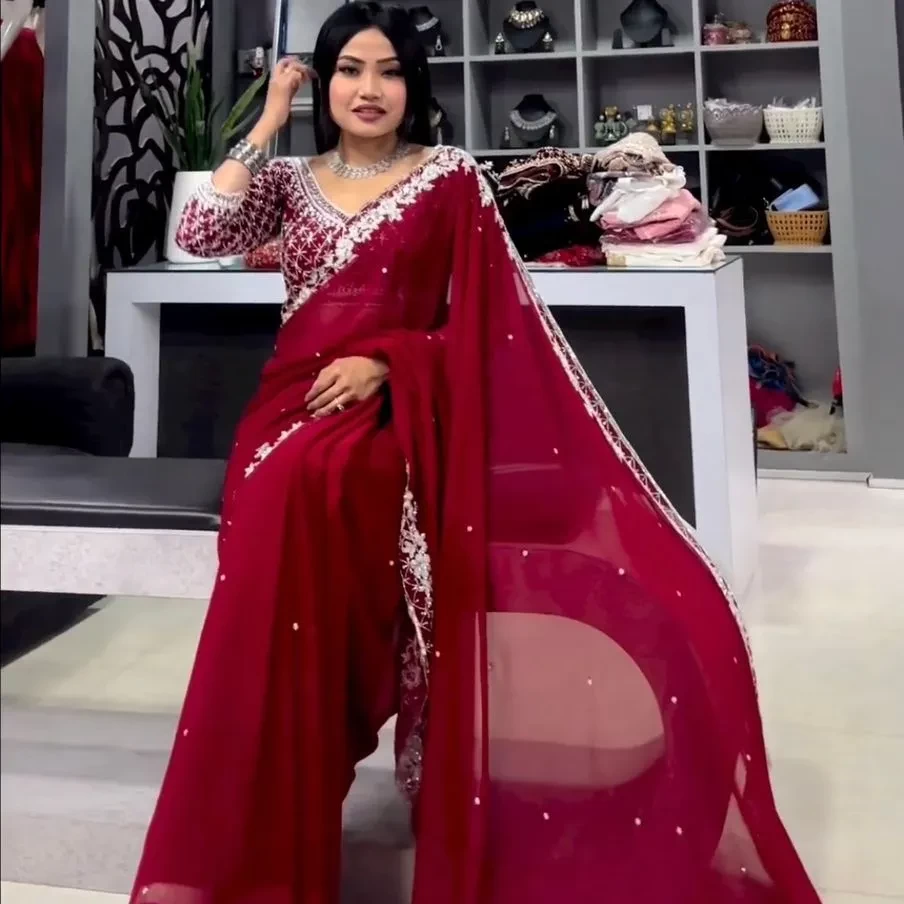 NEW PARTY WEAR GEORGETTE WITH SEQUANCE EMBROIDERY WORK SAREE WITH BLOUSE SAREE GEORGETTE WITH SEQUANCE COTTON THREAD