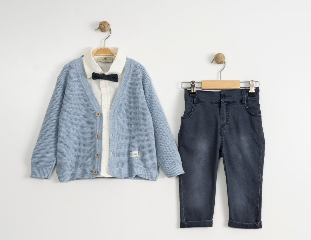 Baby Boys Three Piece Knitted Cardigan, Shirt & Jeans Set with Bow Tie -