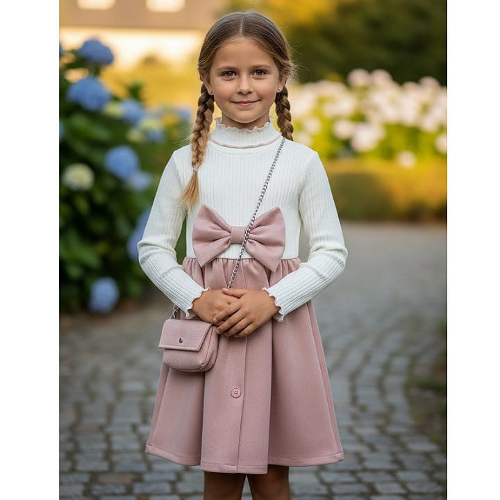 Girls Full Sleeve Bow Dress with Purse (4-14Y)