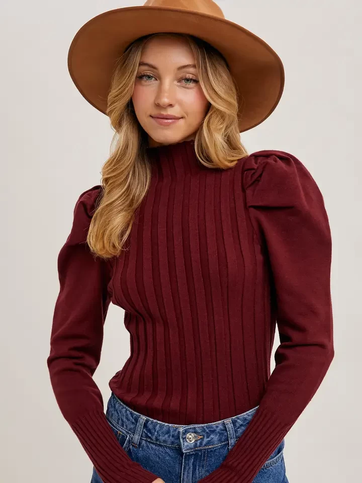 Mock Neck Puff Sleeved Knit Top