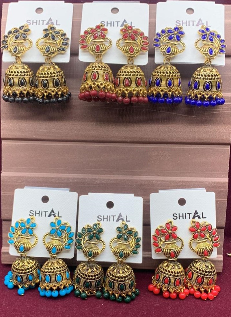 Gold Tone Pearls Beaded Jhumka Earrings (Set Of 6 Pcs)