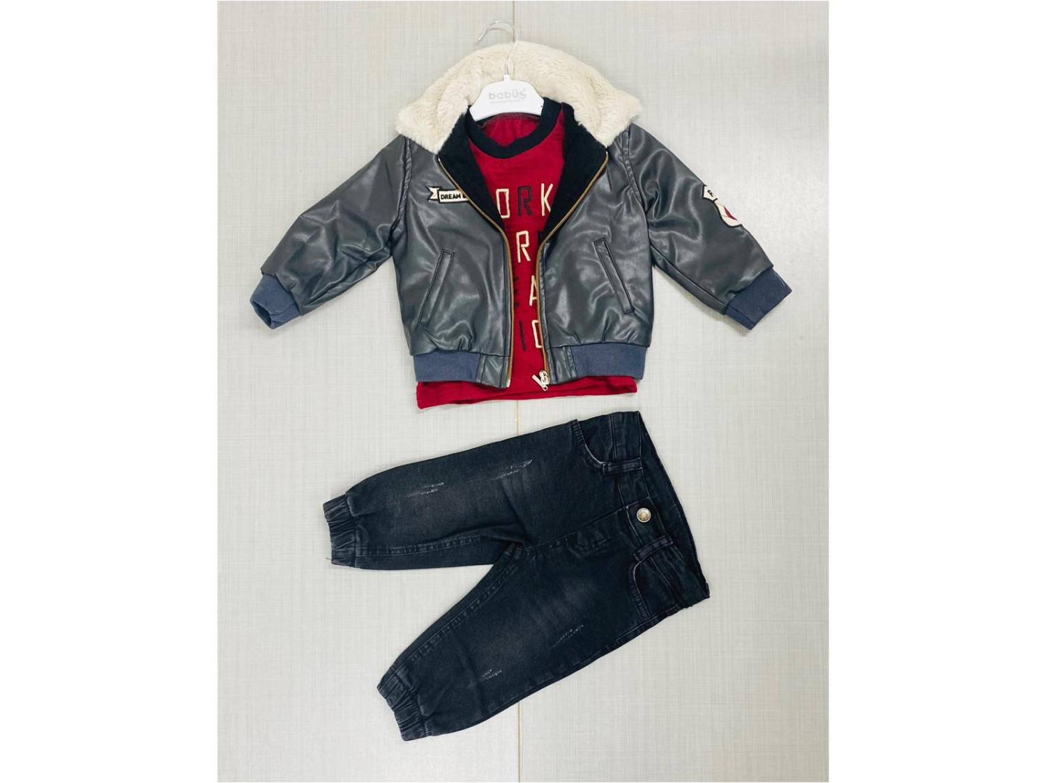 Baby Boys Three Piece Faux Leather Jacket & Jeans Set (6-18M)