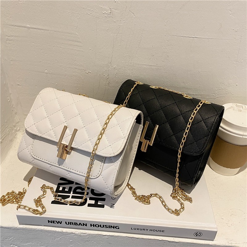 2021 New Small Square Diamond Lattice Bag Pu Solid Zipper Fashion Single Shoulder Messenger Bag With Chain Ladies Handbag