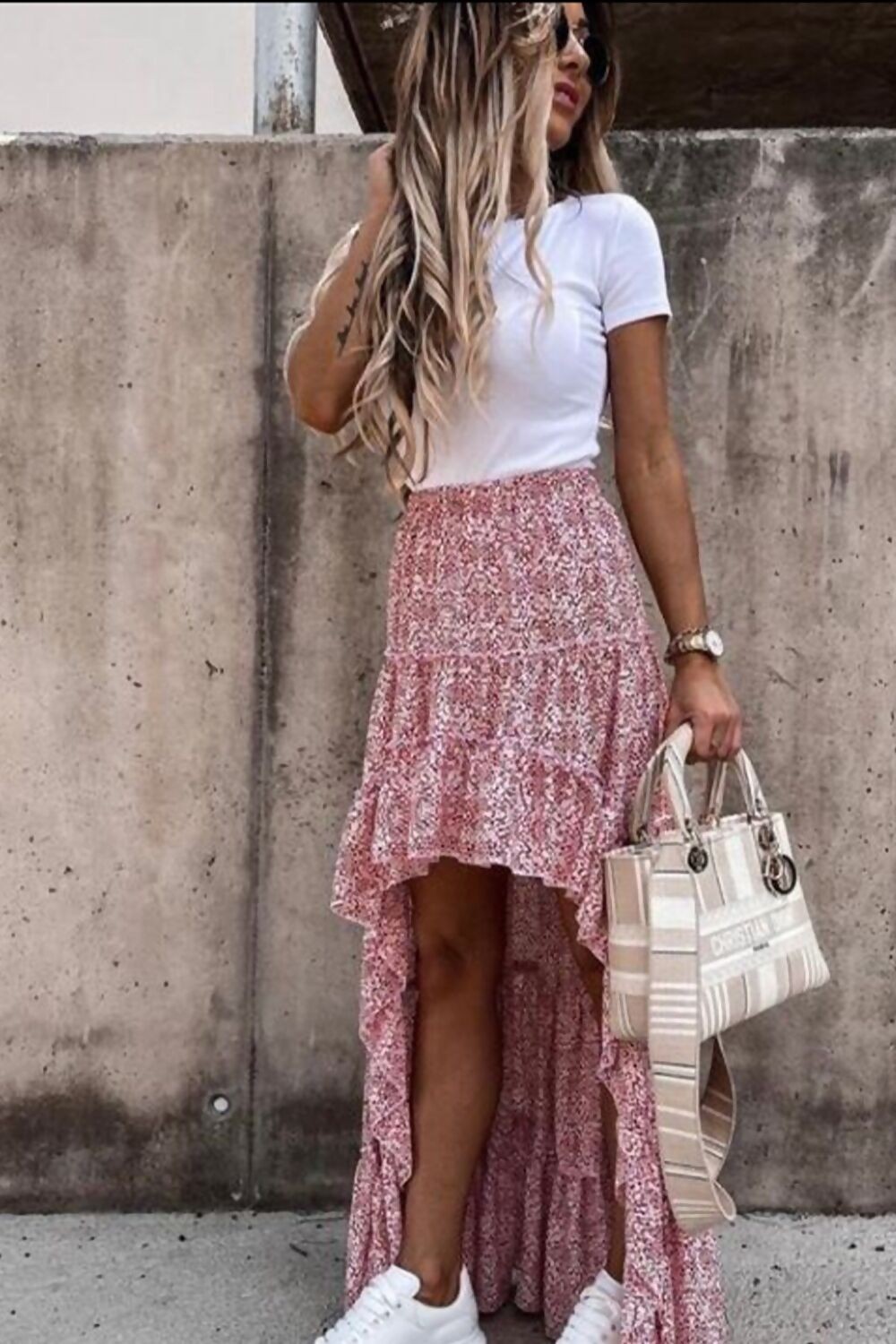 RED PRINTED ASYMMETRICAL SKIRT