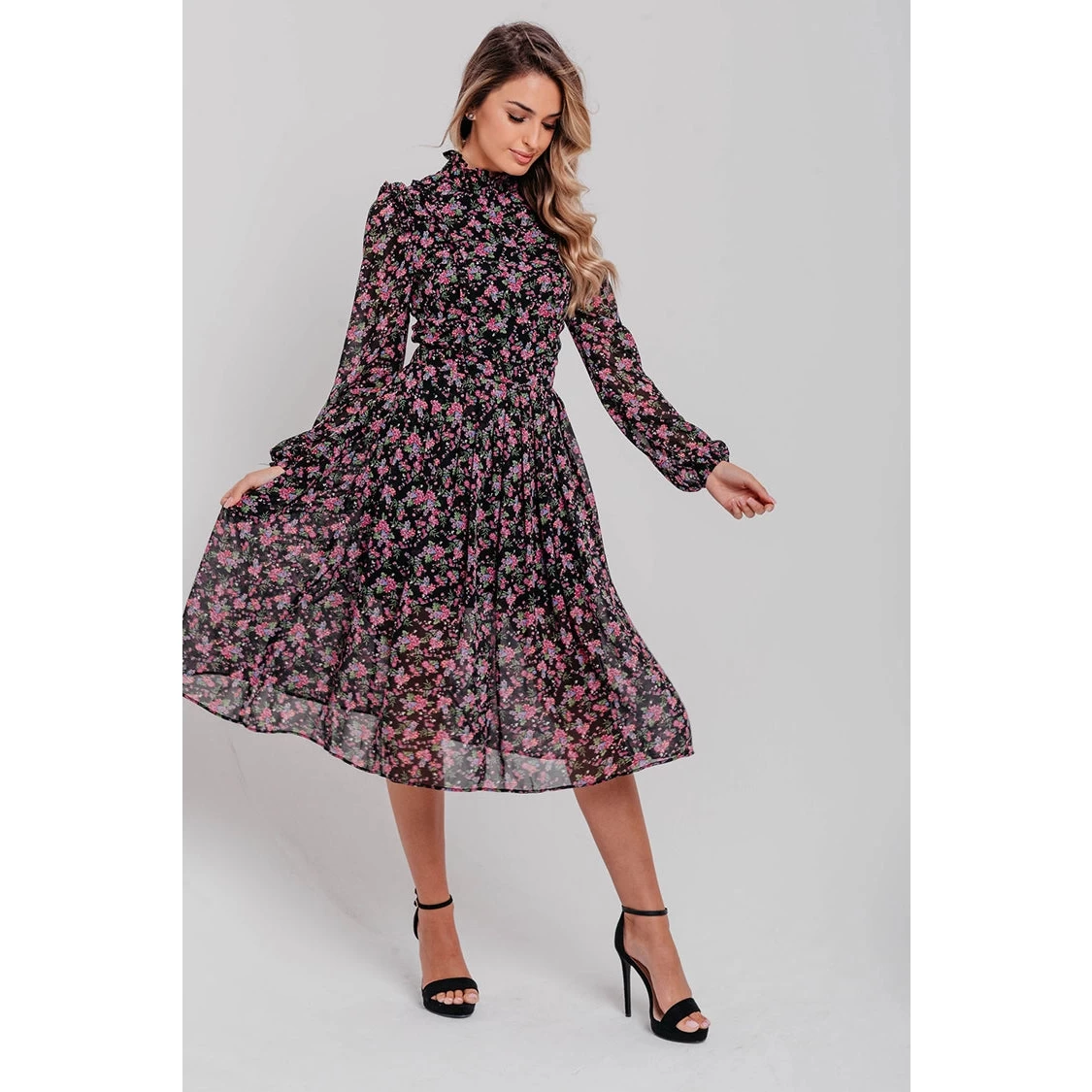 Black and Purple Floral Pleated Midi Dress