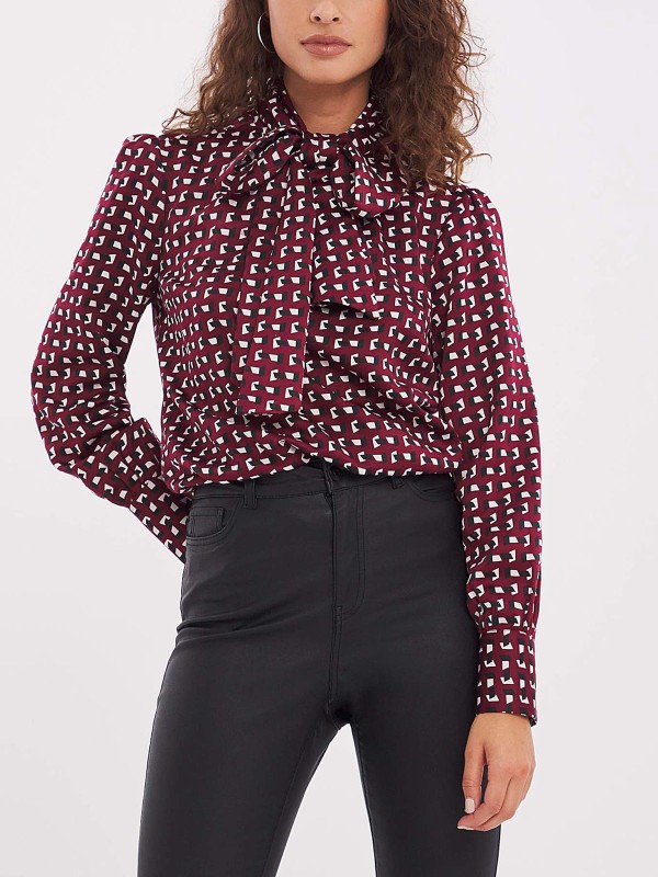 Geo Print Removable Tie Satin Blouse