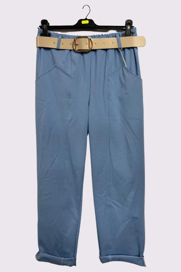 Plain Front Pockets Belted Pants