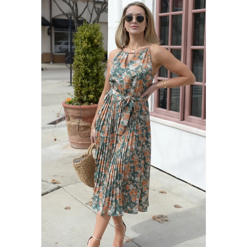 Floral Print Tying Sash Woven Midi Dress