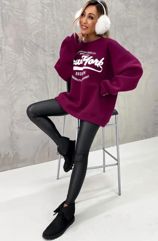 KELLY OVERSIZED 'NY' PRINTED JUMPER SWEATSHIRT-CHERRY