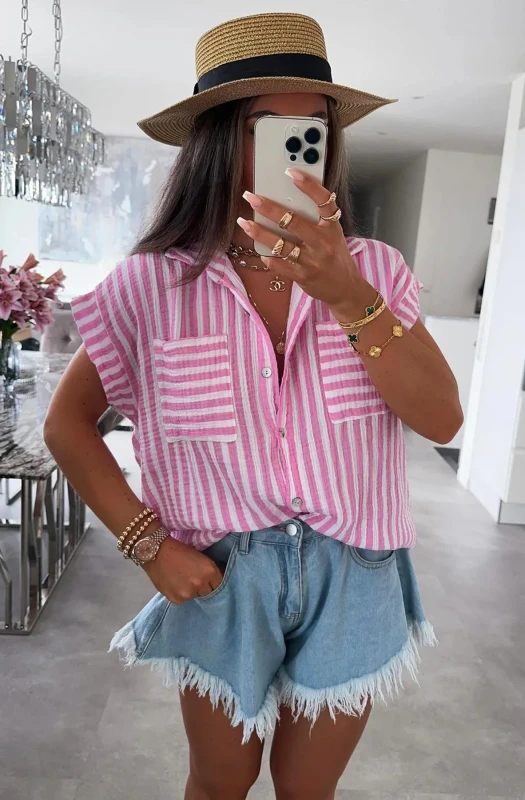 BRINA STRIPED POCKET DETAIL COTTON GAUZE STYLE SHIRT TOP-PINK