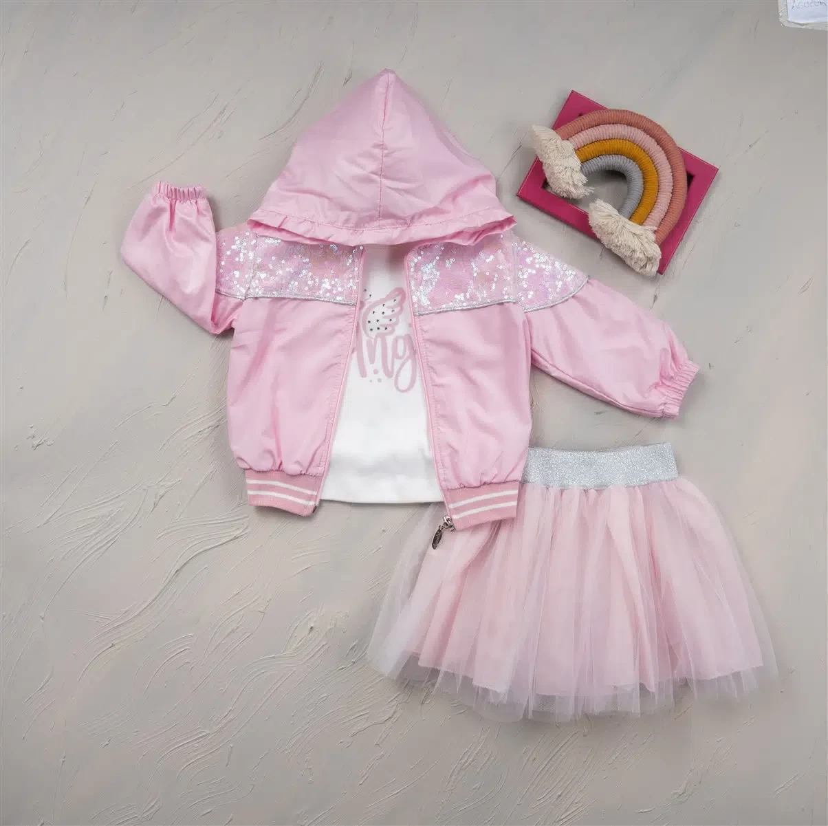 Girls Three Piece Waterproof Sequin Jacket, Diamante Top and Net Skirt Set (1-4Y)