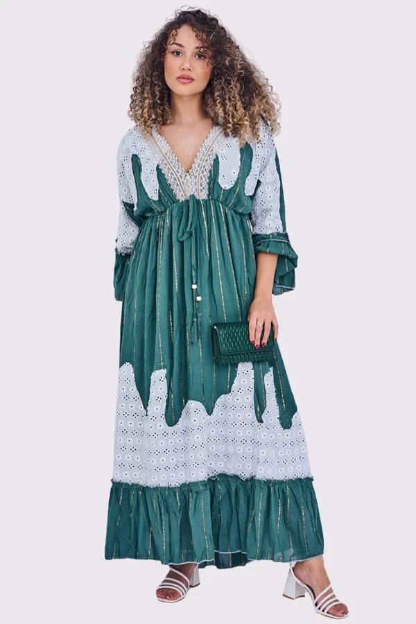 Gold Stripe Cut Out Patch Pattern Maxi Long Sleeve Boho Style Dress