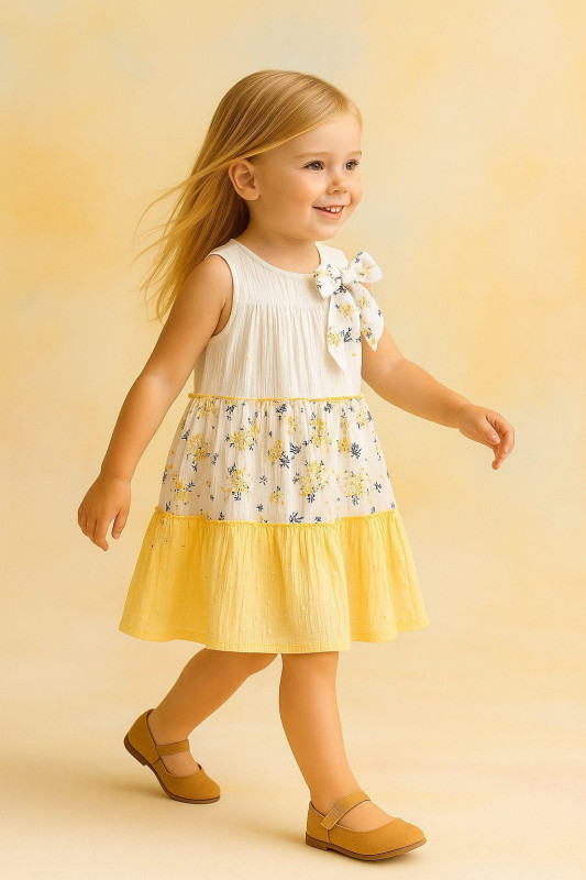 Girls Layered Floral Print Embossed Bow Cotton Dress (2-9Y)