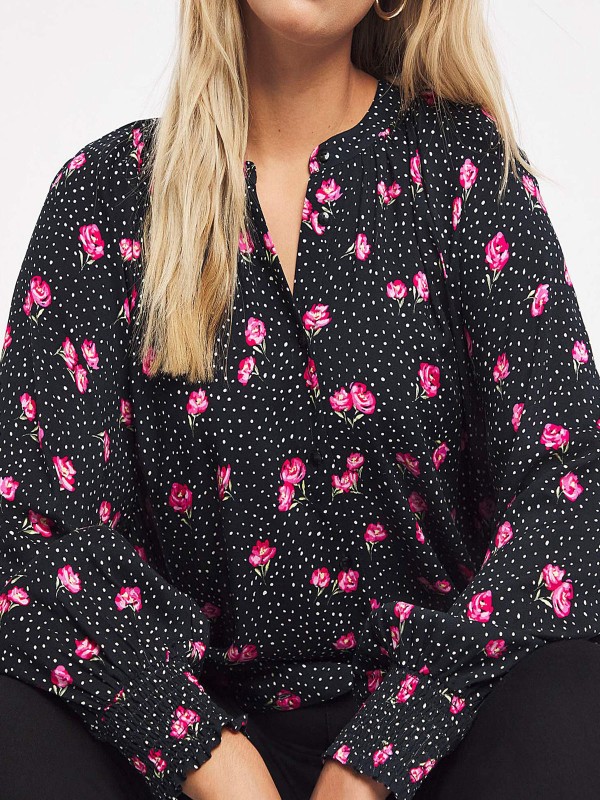 Floral Print Shirred Cuff Collarless Viscose Blouse