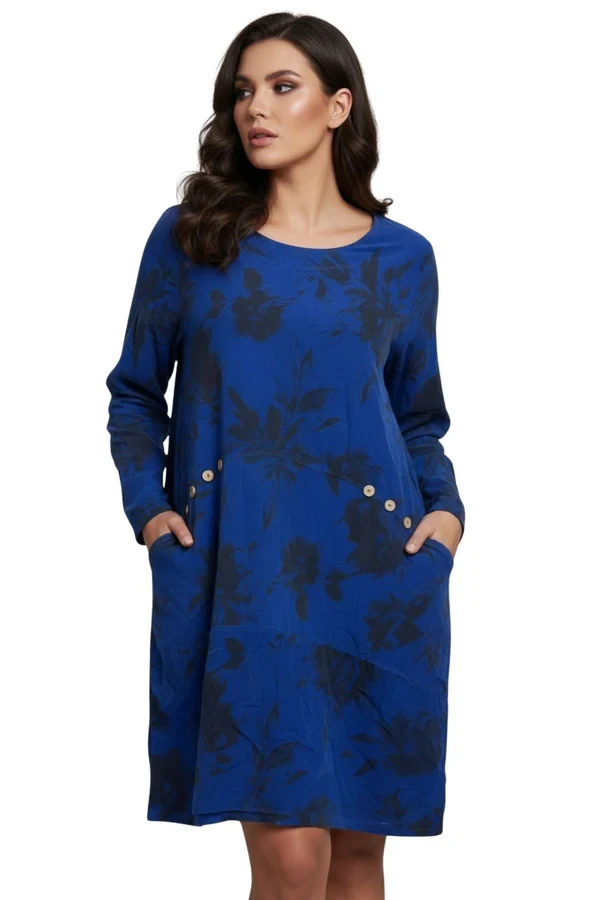 Floral Print Curved Hemline Side Slit Cotton Dress