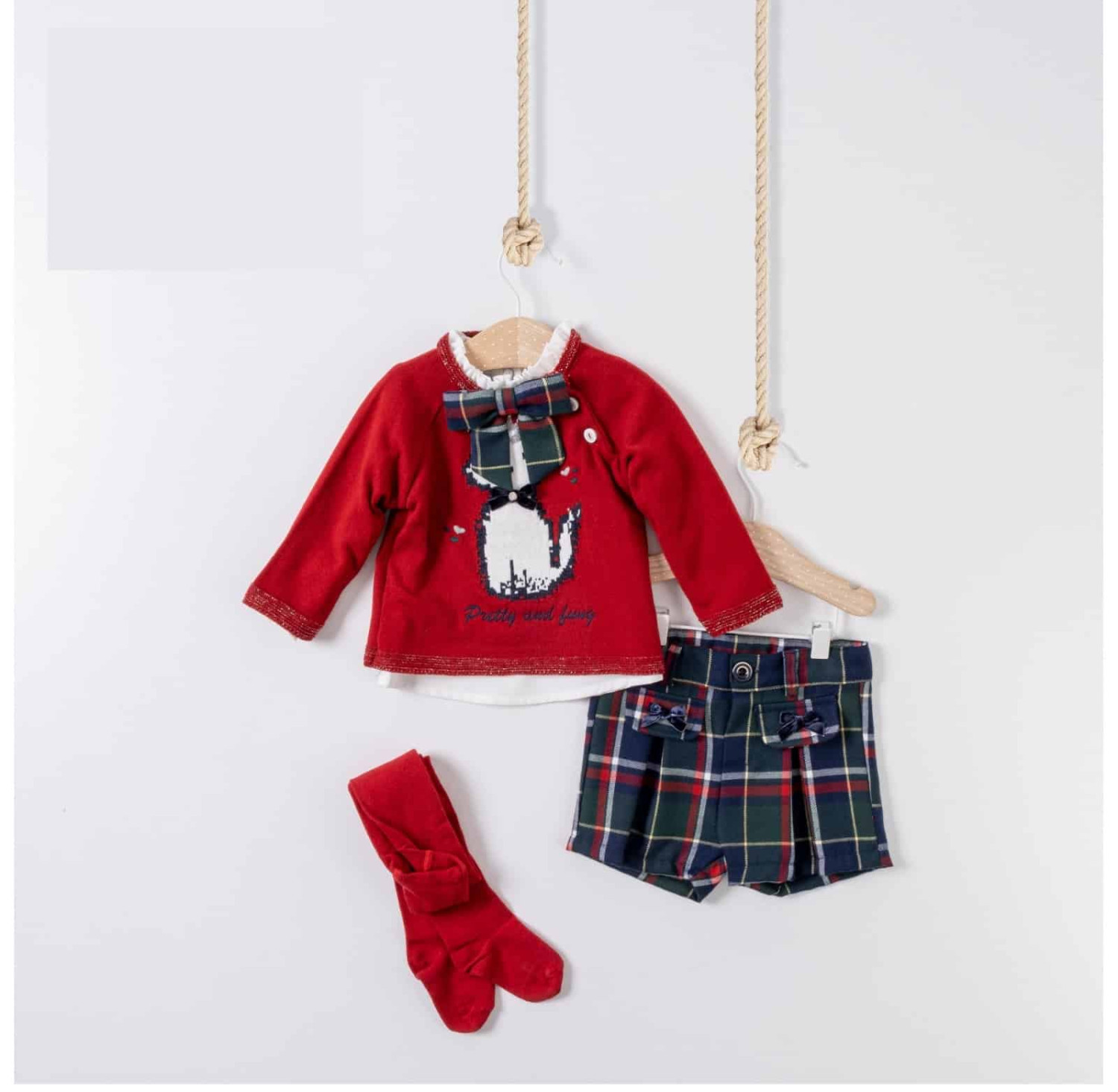 Baby Girls Four Piece Kitty Jumper, Tartan Shorts & Tights Set (6-18M)