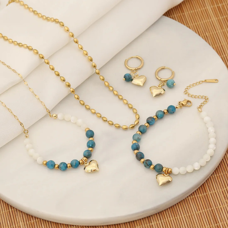Stainless Steel Jewelry Heart Shape Natural Stone Blue Beads Necklace Bracelet Earrings For Women Fashion