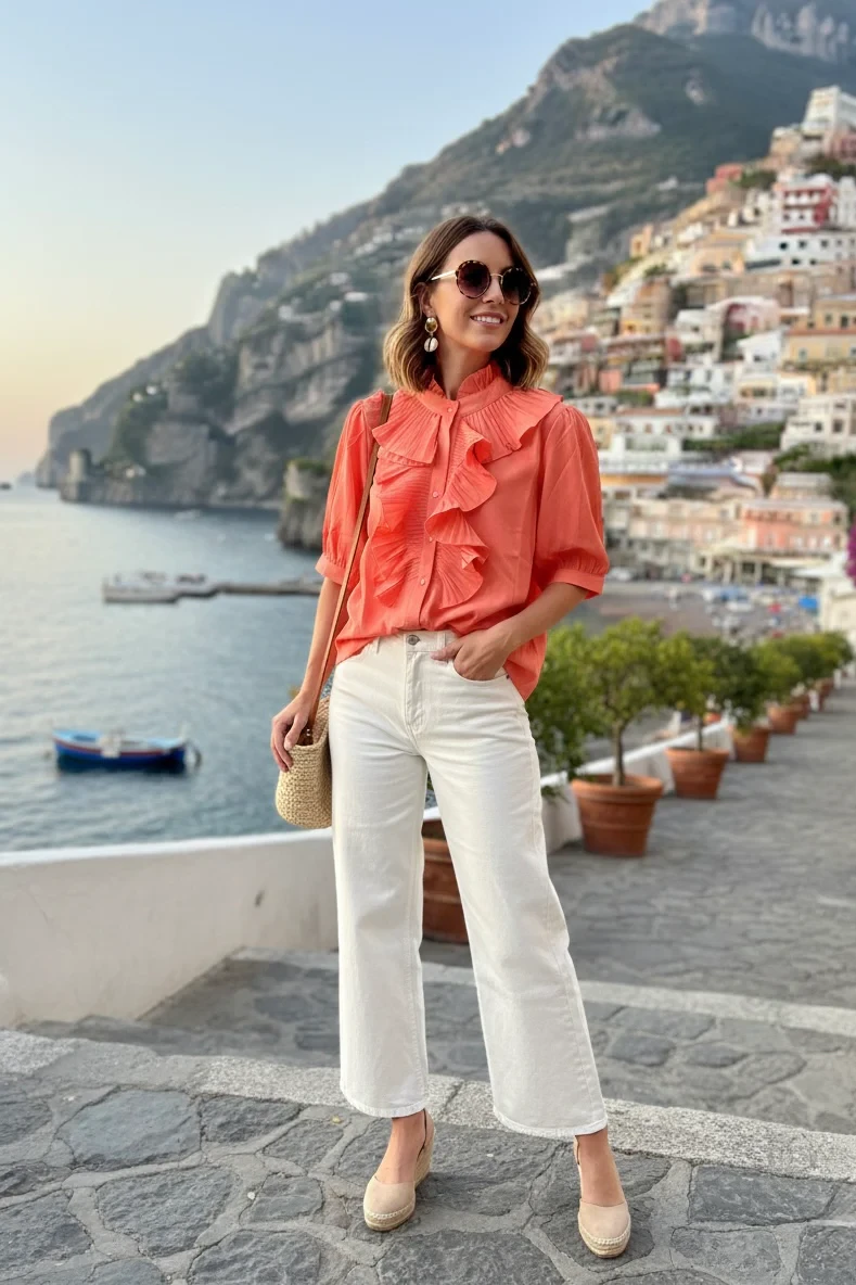 CAP SLEEVE PLEATED RUFFLE SHIRT