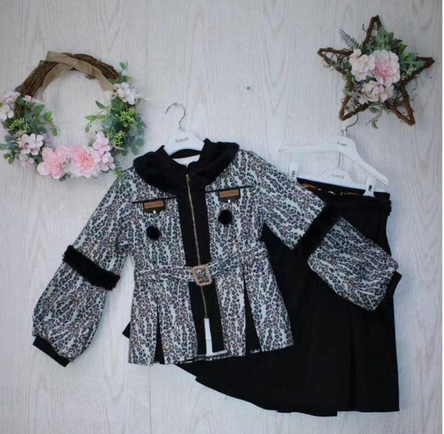 Girls Two Piece Leopard Print Belted Jacket & Skirt Set (2-8Y)