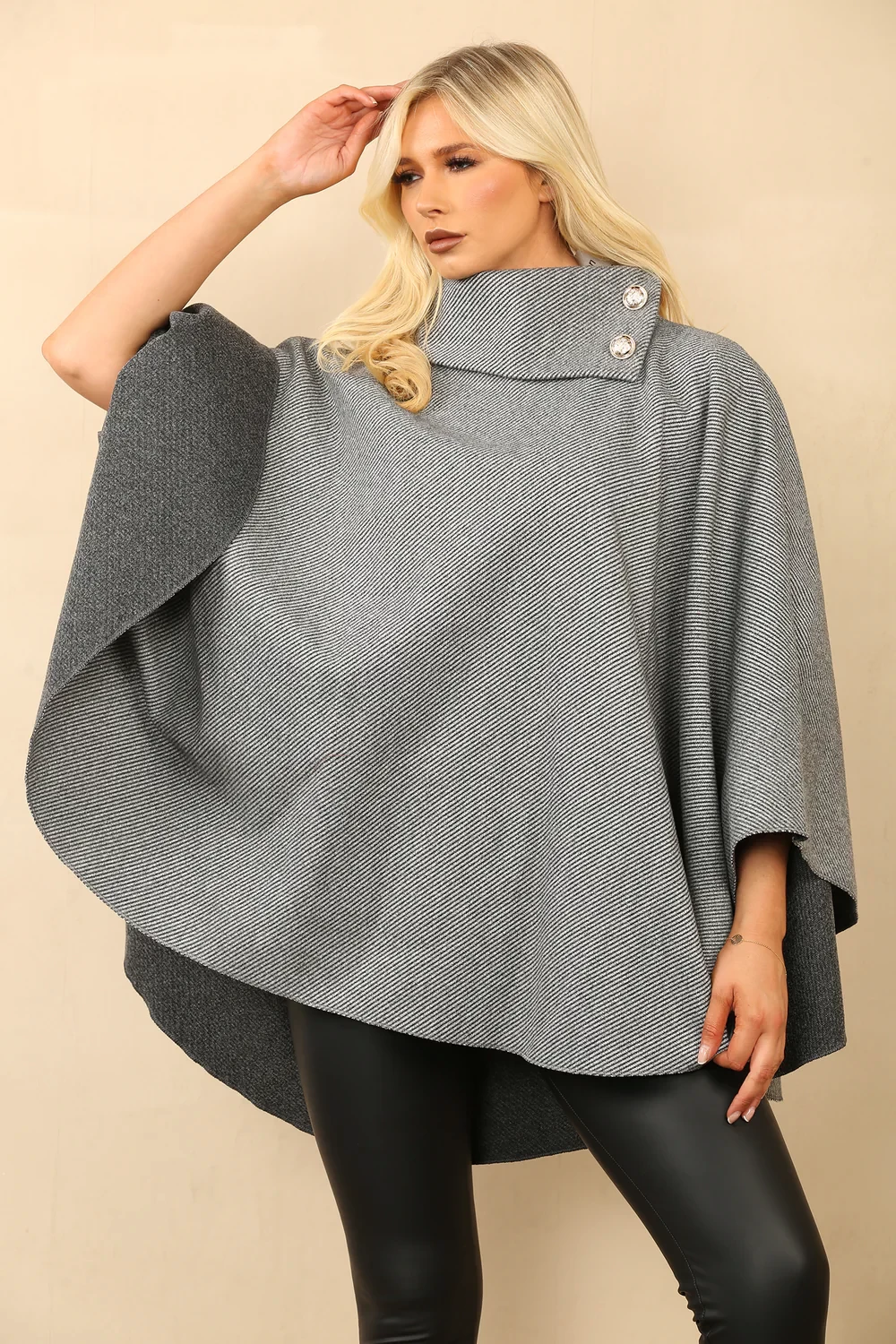 BELLA GOLD BUTTON OVERSIZED CAPE - GREY