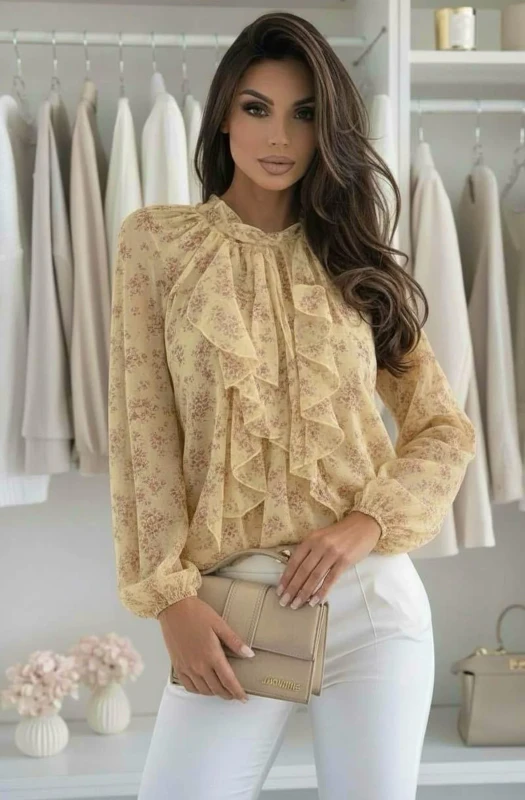 MILANI FLORAL SHEER RUFFLE HIGH NECK CHIFFON BLOUSE TOP-YELLOW