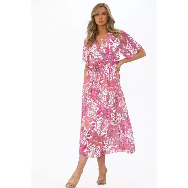 PLEATED PRINTED BELTED DRESS