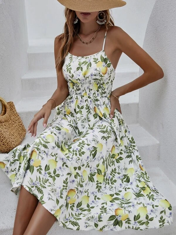 Lemon Print Shirred Waist Cami Dress