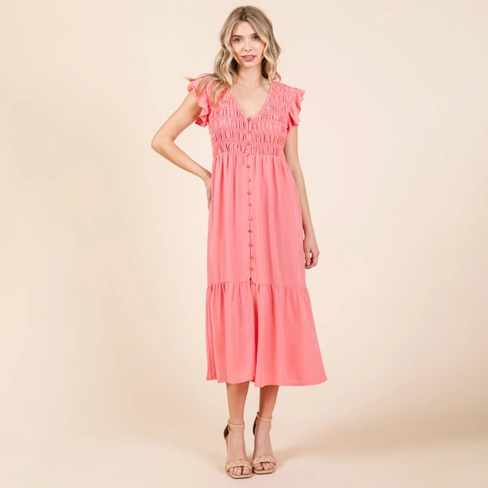 Smocked V Neck Tiered Ruffle Cap Sleeve Midi Dress