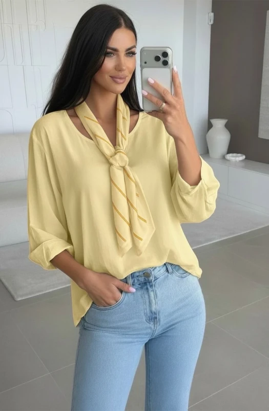 EZRA HIGH LOW CREW NECK SCARF BLOUSE TOP-YELLOW