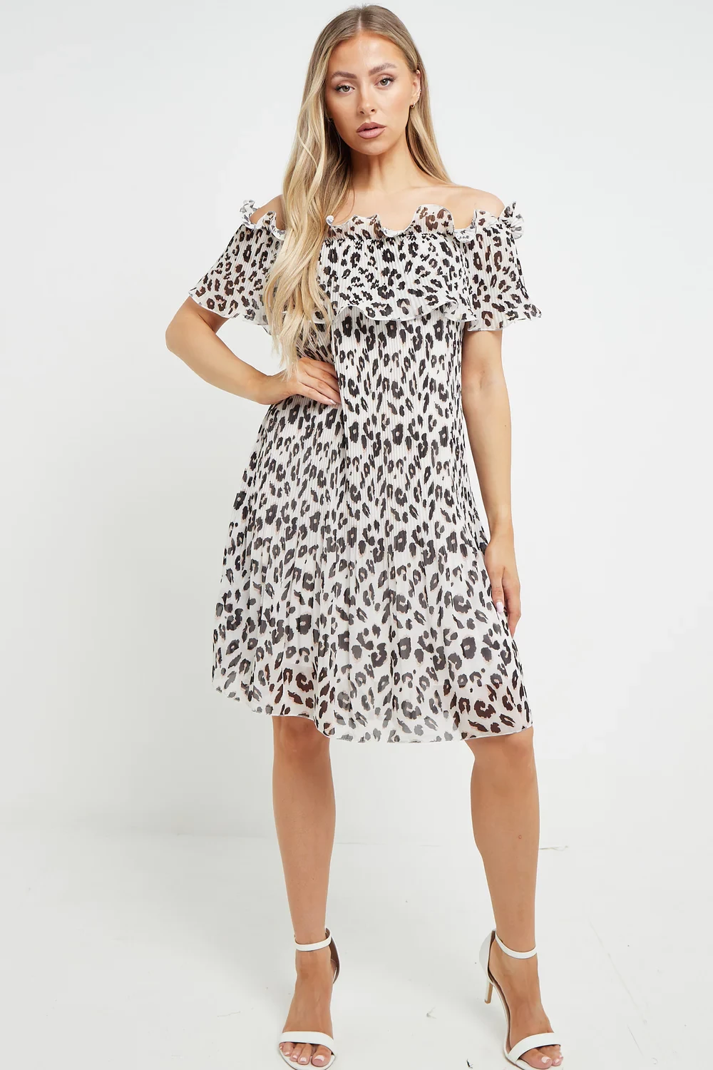 PLEATED LEOPARD OFF THE SHOULDER DRESS