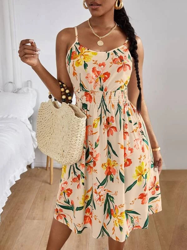 Floral Print Shirred Cami Dress