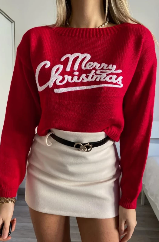 'MERRY CHRISTMAS' PRINTED KNITTED JUMPER SWEATER TOP-RED
