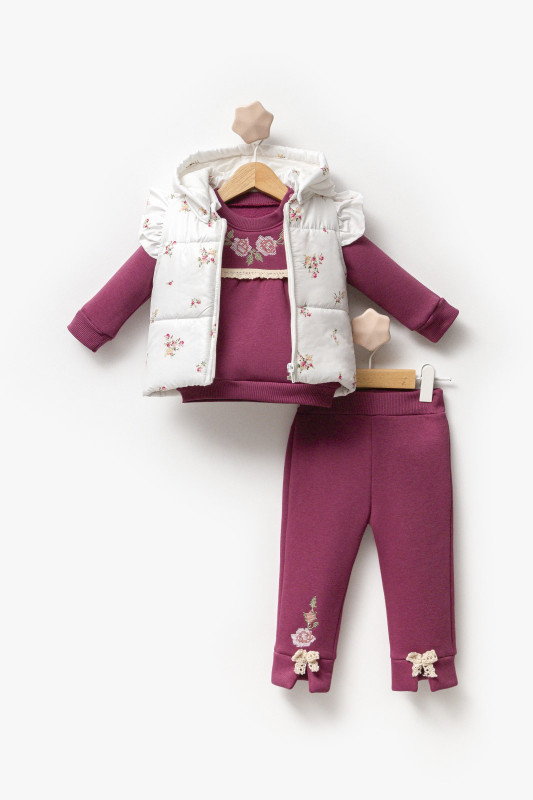 Baby Girls Three Piece Flower Padded Gillet Set (6-18M)