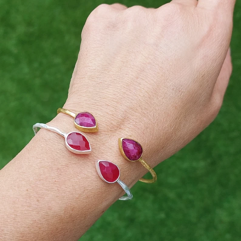 Ruby Teardrop bracelet. Gold Bangle. Silver Bracelet. July Birthstone. Red Stone