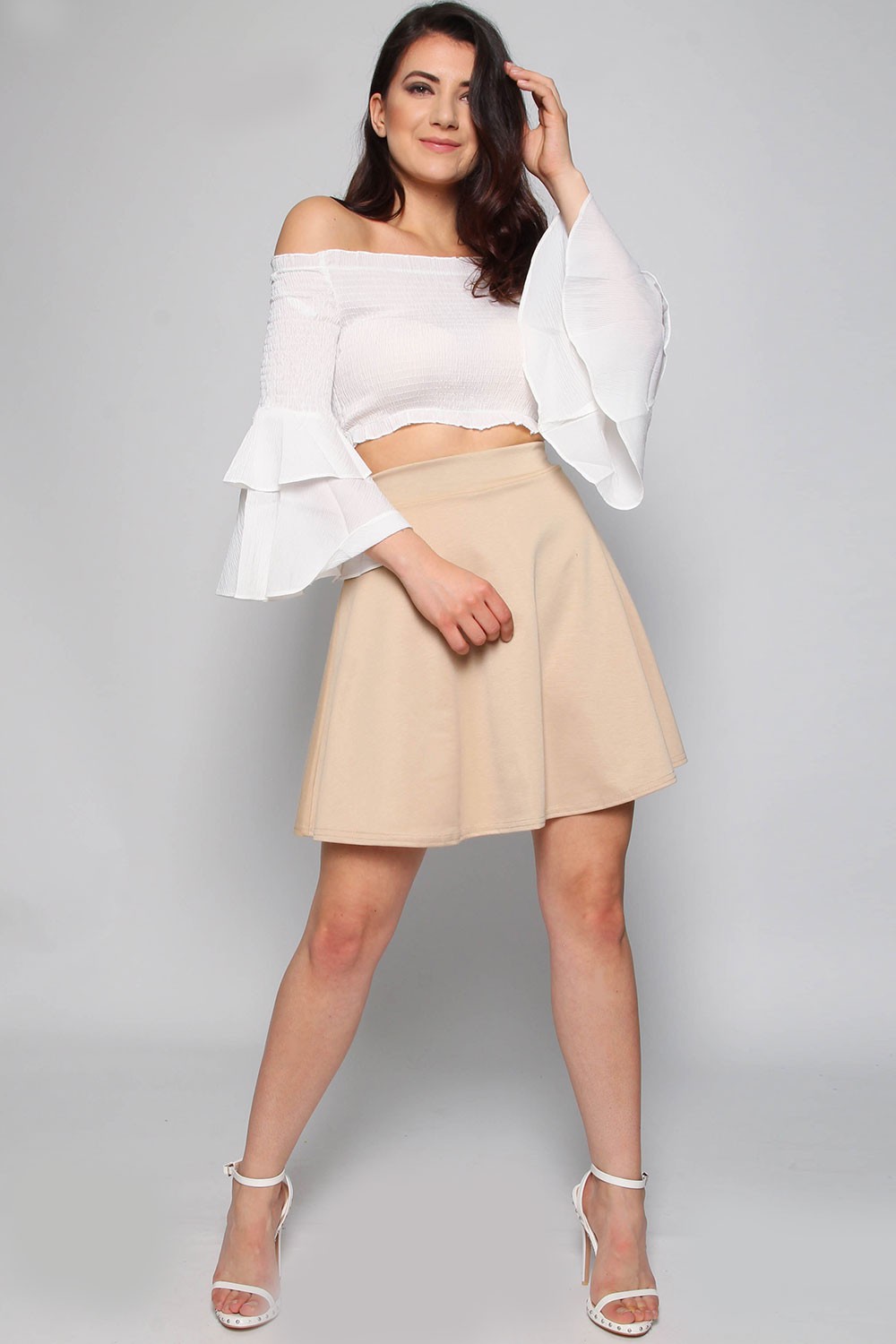 Shirred Bardot Frill Crop Top