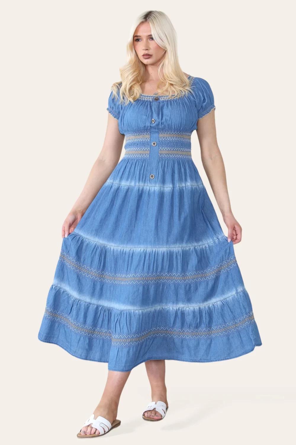 BUTTON DETAIL EMBROIDERED DENIM DRESS