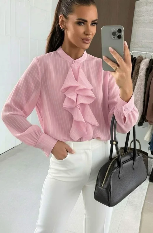LUNA FRILL FRONT STRIPE SHIRT TOP-PINK