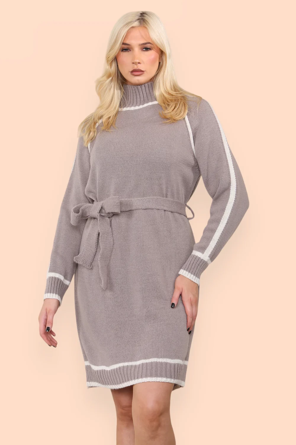 CONTRAST BELTED JUMPER DRESS - MOCHA