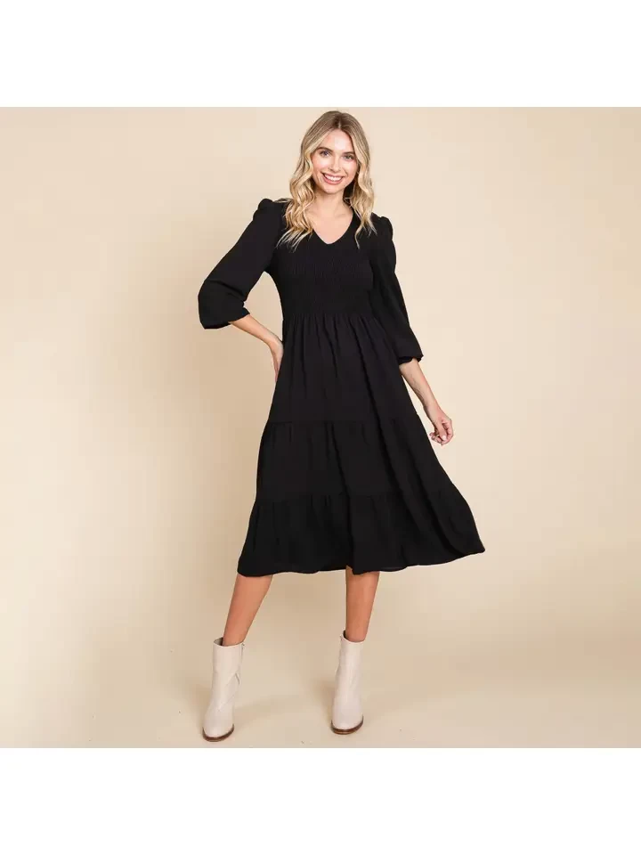 Smocked V Neck Long Puff Sleeve Tiered Dress