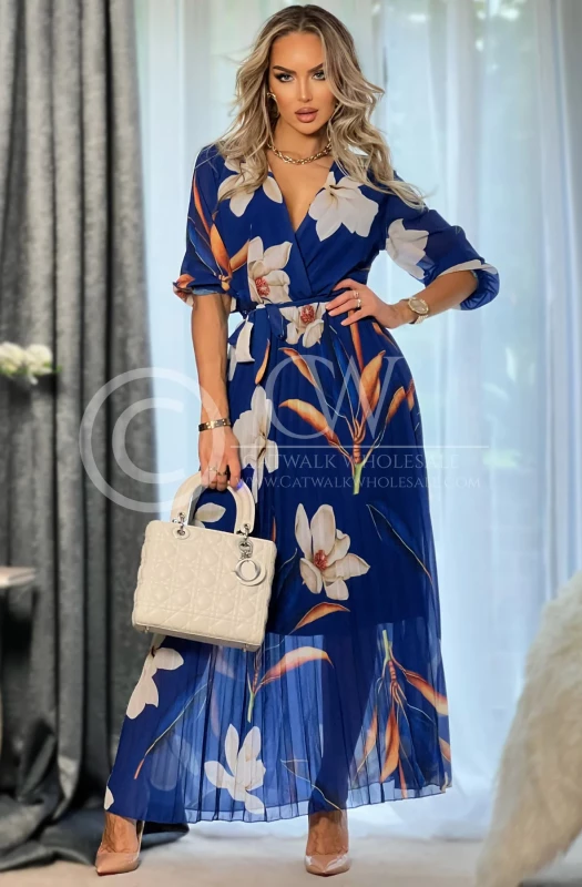 ZITA FLORAL CHIFFON PLEATED MAXI DRESS