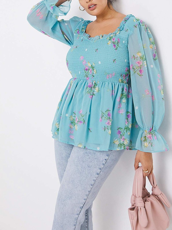 Floral Shirred Frill Square Neck Top