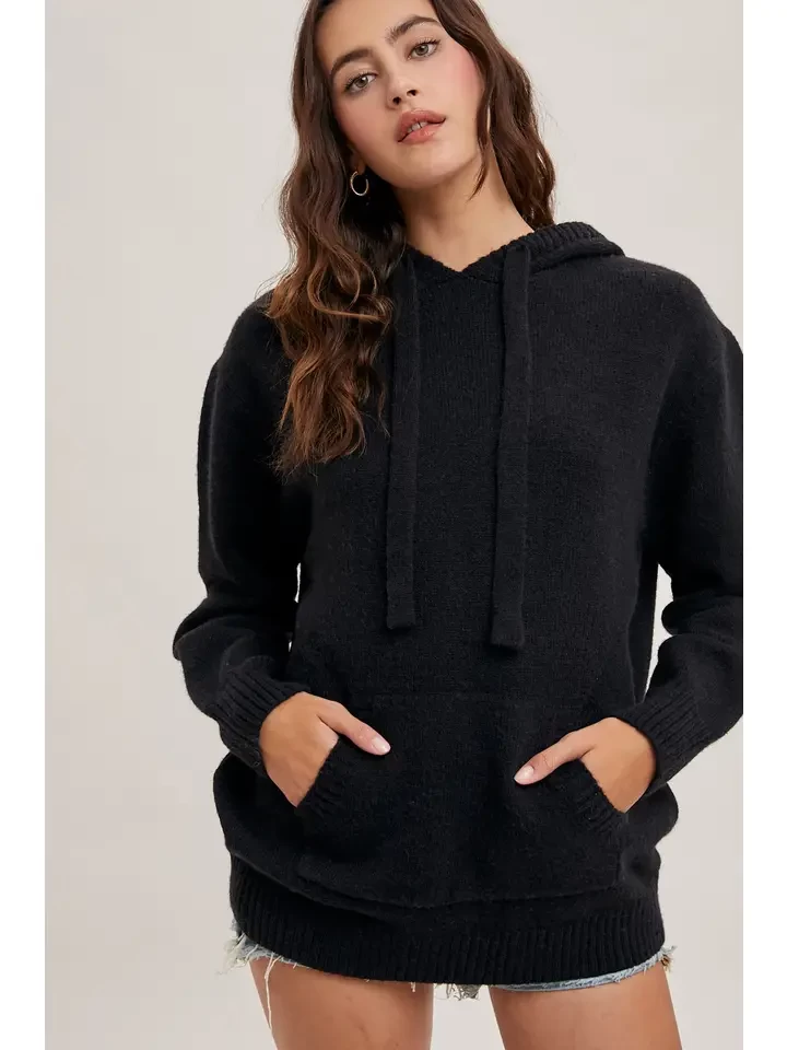 Front Pocket Knit Sweater Hooded Top